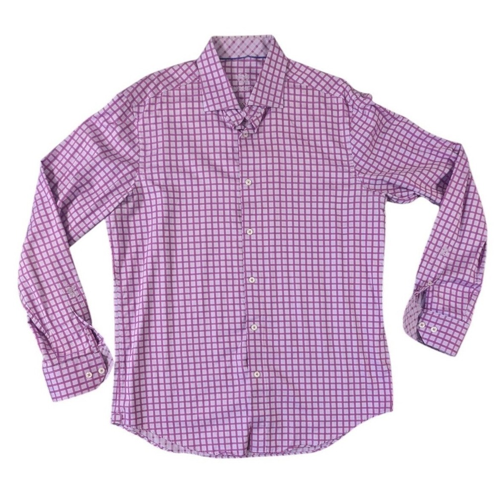 Bugatchi Uomo Mens Purple Check Long Sleeve Button Down Shirt Size 17 36/37